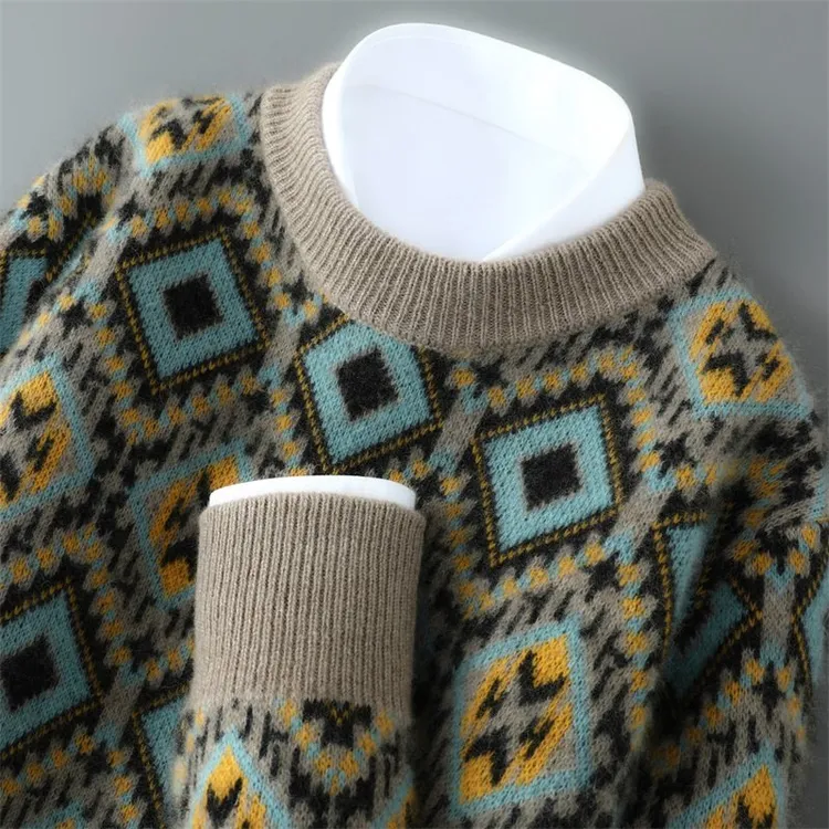 INOABADEN/因纳巴敦加厚新款复古提花圆领毛衣男士针织套头羊毛衫