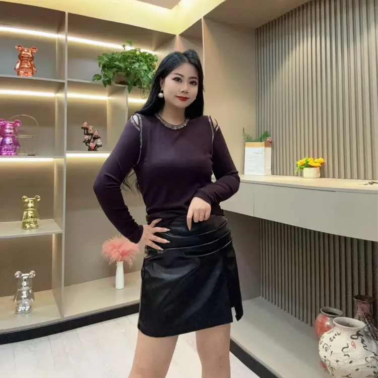 秋季小衫-酷 时尚潮流亮闪开口肩设计显瘦打底胖MM大码女装新款