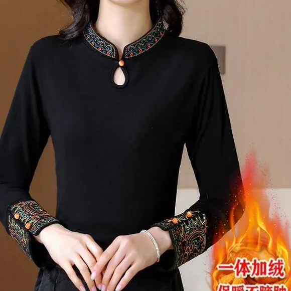 2025新款中国风加绒上衣女德绒新中式立领刺绣打底衫冬季覆古t恤