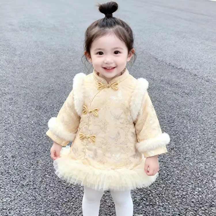 女童新年旗袍连衣裙冬装女宝宝国风连衣裙夹棉加厚周岁礼服拜年服