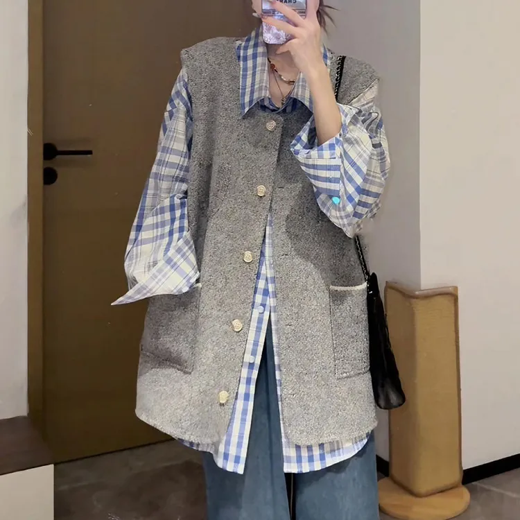 美式复古潮流套装女2025春秋新款格子长袖衬衫叠穿马甲外套两件套