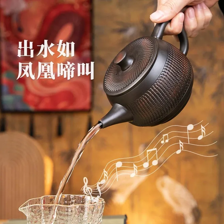 云南建水紫陶壶跳刀纹可悬停旋转紫砂凤鸣茶壶汉瓦茶壶家用茶具W