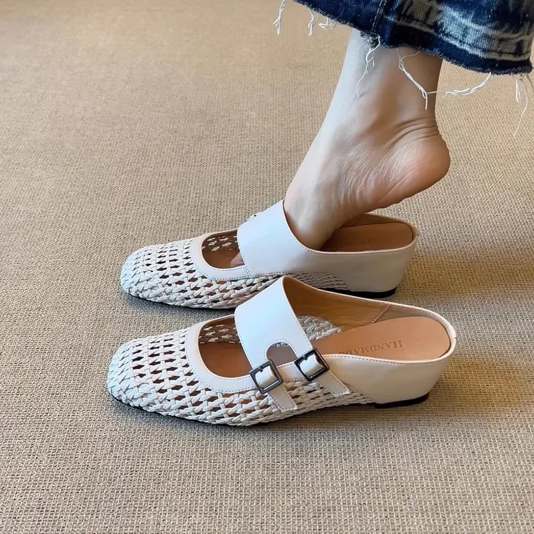 羊皮版~内增高一字带半拖鞋女方头百搭编织镂空透气外穿包头凉鞋