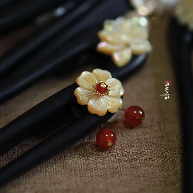 原创【时来运转】高级深海黄蝶贝发簪黑檀木双面新年喜庆日常盘发