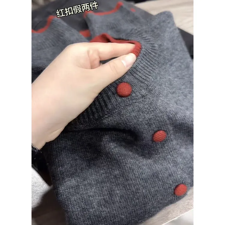 针织女圆领秋冬撞色长袖毛针织衫百搭洋气上衣韩版时尚加厚开衫