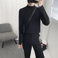 阿茶与阿古秋季半高领黑色长袖T恤男韩版基础款休闲打底衫上衣