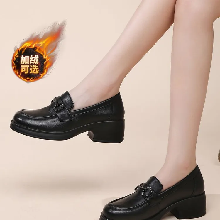 红蜻蜓女鞋2025秋冬款加绒厚底增高皮鞋乐福鞋女真皮单鞋高跟软底
