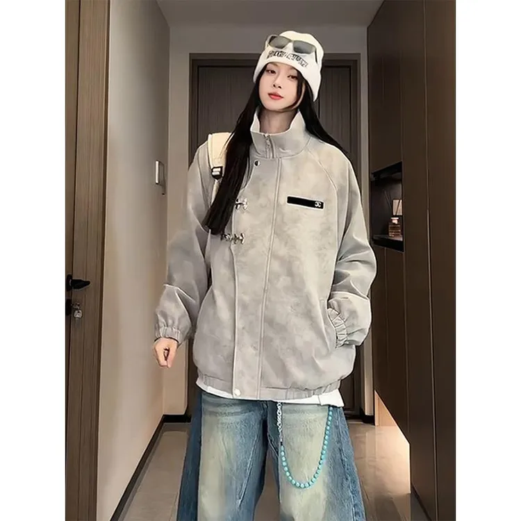 新中式男装扎染春秋挺括外套立领盘扣国风三防PU皮衣复古工装夹克