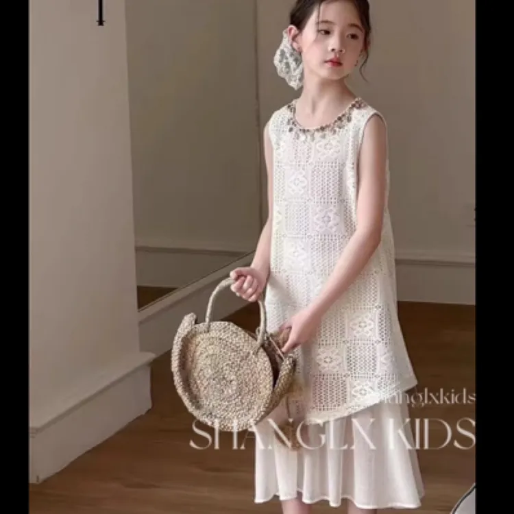 女童夏款镂空亮片假两件连衣裙