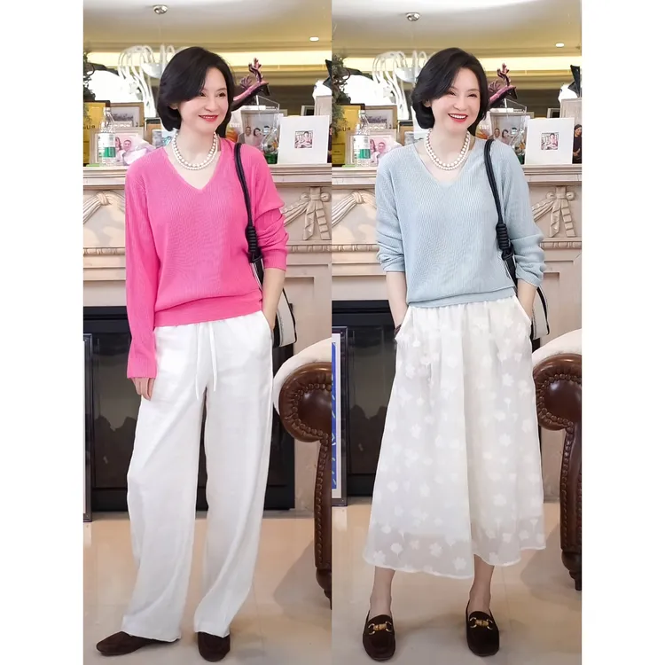 我是摩羯 桃红柳绿 16G谷波纹理秋冬长袖V领针织衫