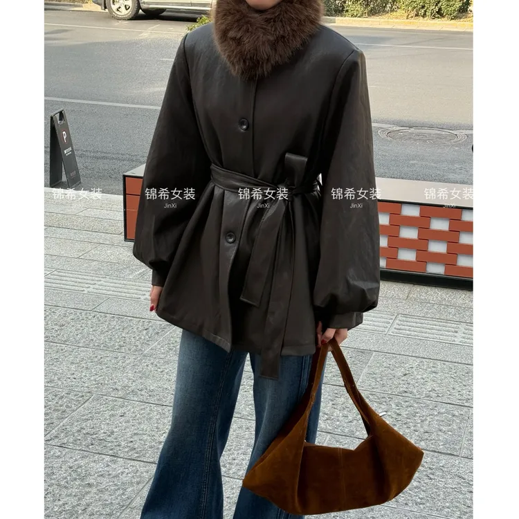 2025冬季新款加厚外套千金风百搭显瘦带可拆卸毛领小个子短款皮衣