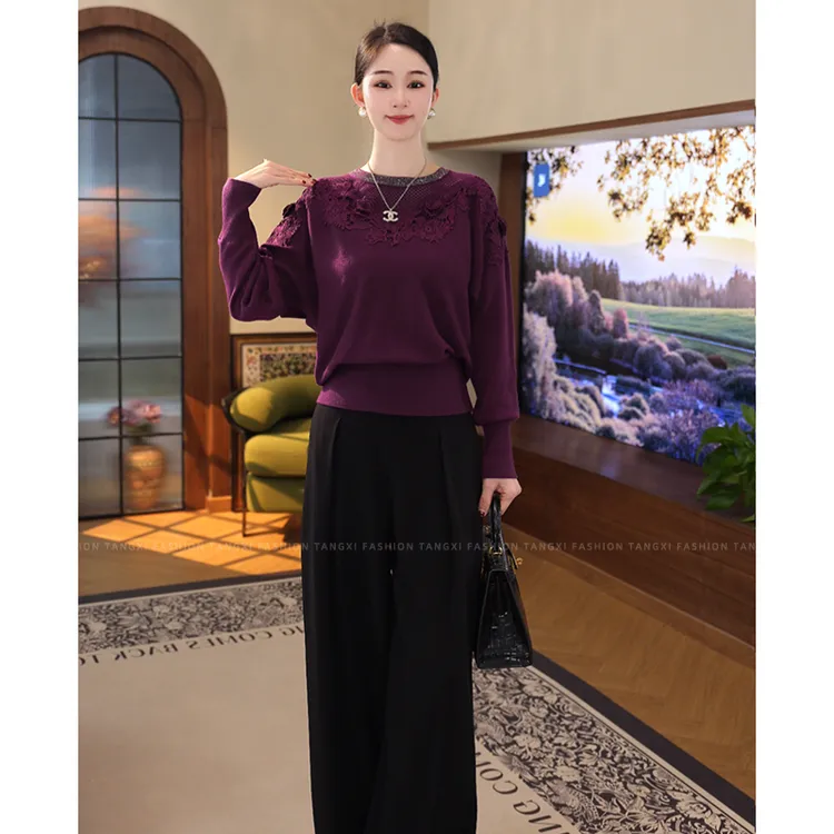 2025秋冬新款【QQ-1228JR】含绵羊毛长袖紫色针织打底套头毛衣女