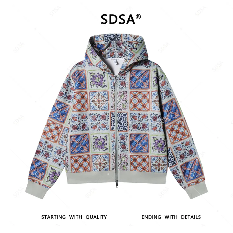 SDSA男士2025新款轻奢痞帅男装撞色花卉图案拉链连帽卫衣外套复古