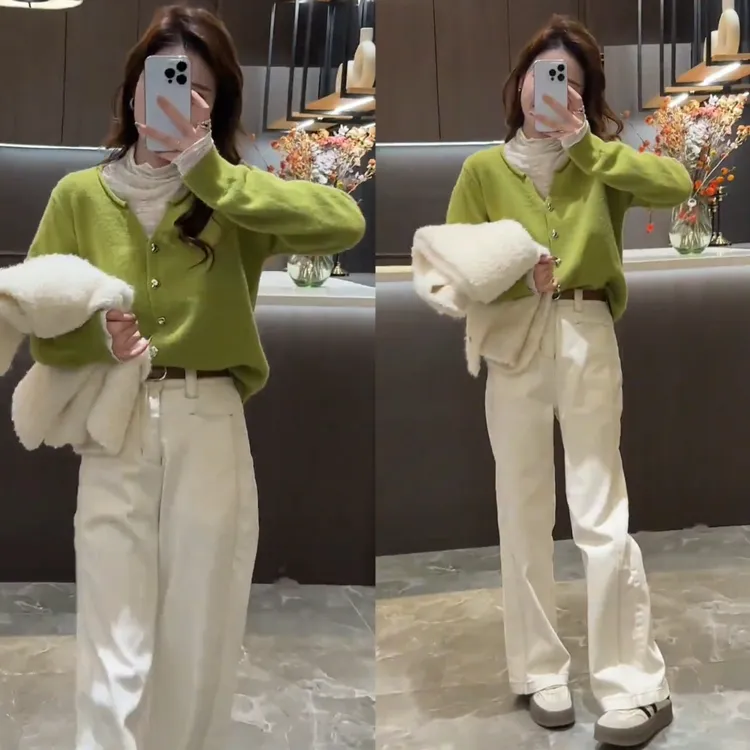 显瘦V领长袖纯色开衫针织衫+高领长袖打底+休闲显腿长直筒牛仔裤