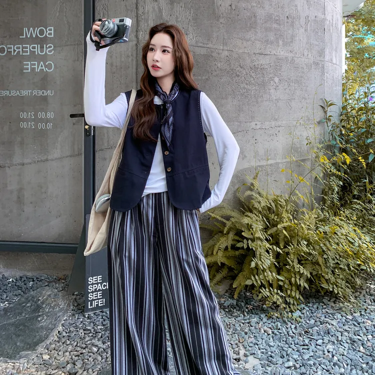 韩系设计感马甲条纹显瘦阔腿裤套装两件套女2025早春秋气质减龄