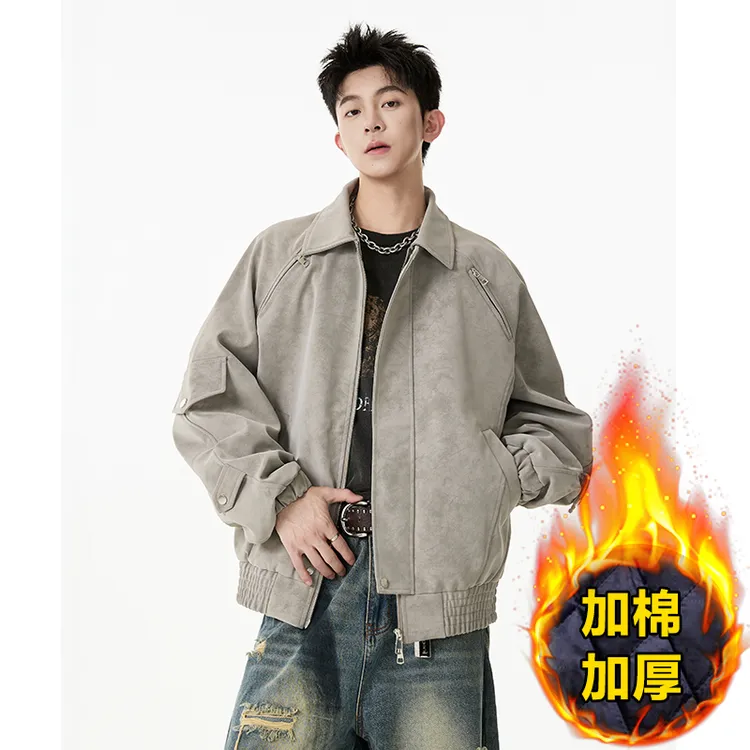 美式夹克男款秋冬季加棉潮流皮棉服工装翻领复古高级感机车服外套