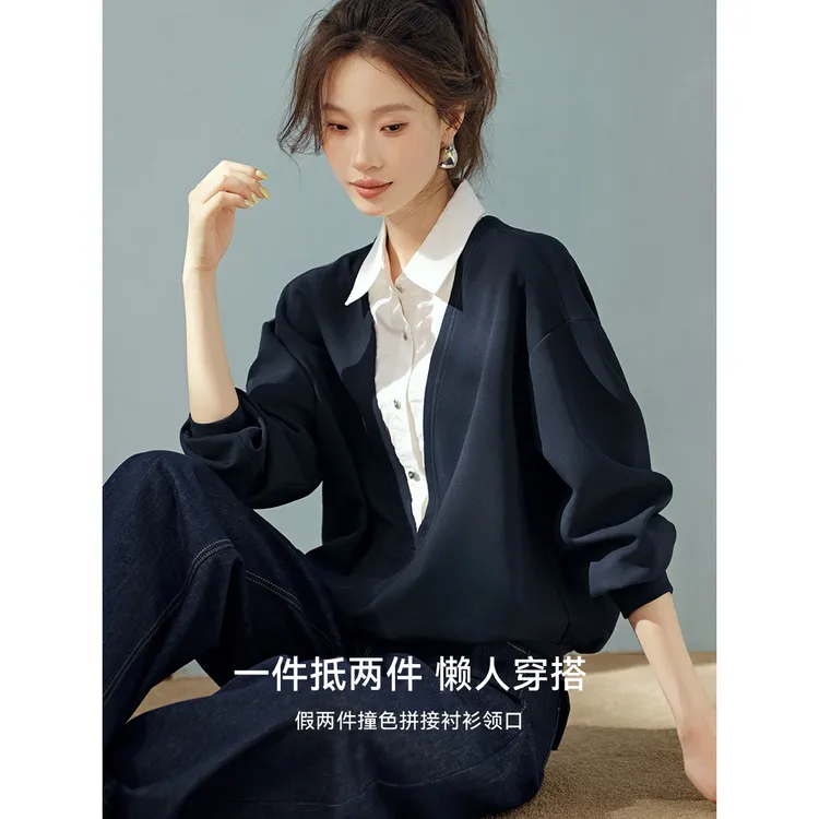都市通勤上衣外套女款外穿假两件衬衫新款休闲撞色拼接衬衫领卫衣