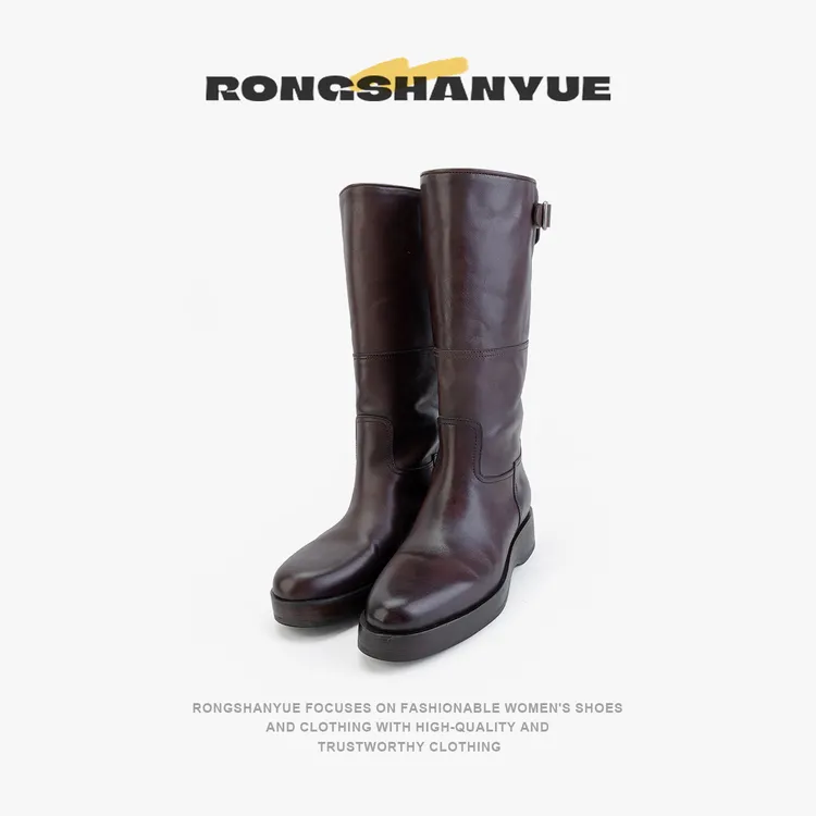 Rongshanyue甄选牛皮粗跟长筒靴套筒皮带扣厚底秋冬靴子B1429