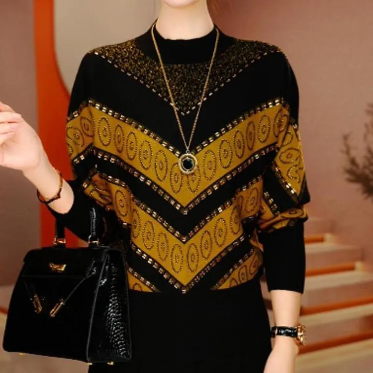 时尚洋气中年大码妈妈针织衫2025冬季新款高级感提花烫钻女士毛衣