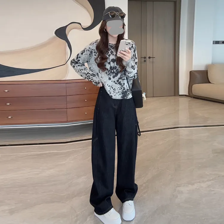 老钱风松驰感套装女2025春秋新款扎染针织衫长袖牛仔阔腿裤两件套