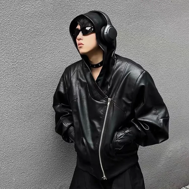 秋冬小众解构拉链连帽PU皮衣夹克宽松弯刀袖设计高级感外套男女潮