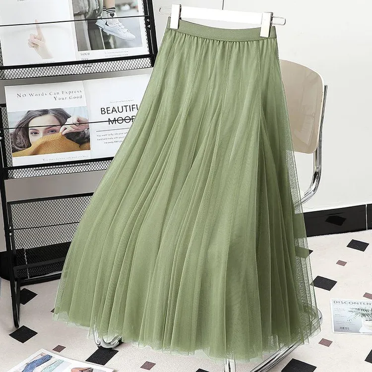 网纱裙半身裙女720度大摆舞蹈裙高腰显瘦拍照a字裙沙沙裙草绿色