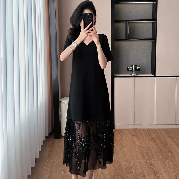 V领连衣裙亮闪闪网纱拼接宽松显瘦中长款大码T恤裙女夏长裙慵懒风