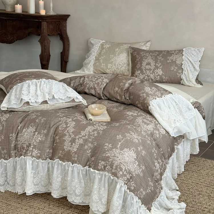 全棉四件套法式中古风田园复古花边款全棉双层纱高端轻奢四件套
