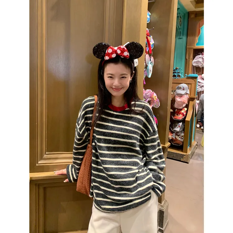 撞色条纹磨毛针织t恤女秋冬内搭宽松打底衫复古慵懒休闲长袖上衣