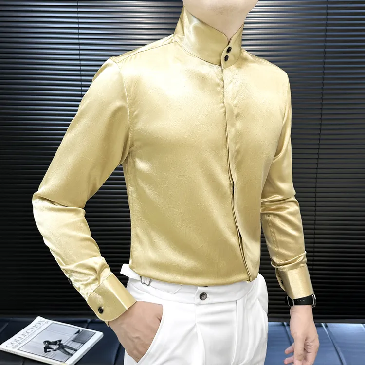 奢华高领衬衫男款长袖秋季新款气场强大高级感男装缎面光泽衬衣男
