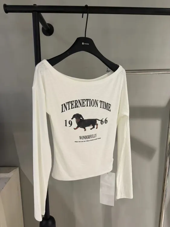 美式复古字母印花斜肩长袖T恤2025早秋新款修身显瘦洋气上衣1215