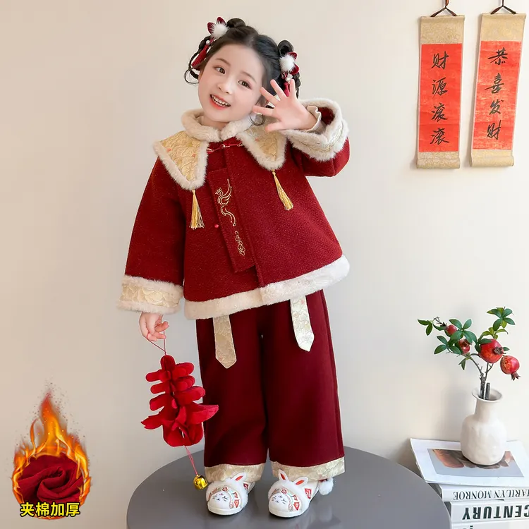 女童洋气拜年服汉服冬季儿童中国风唐装加厚套装宝宝中式喜庆礼服