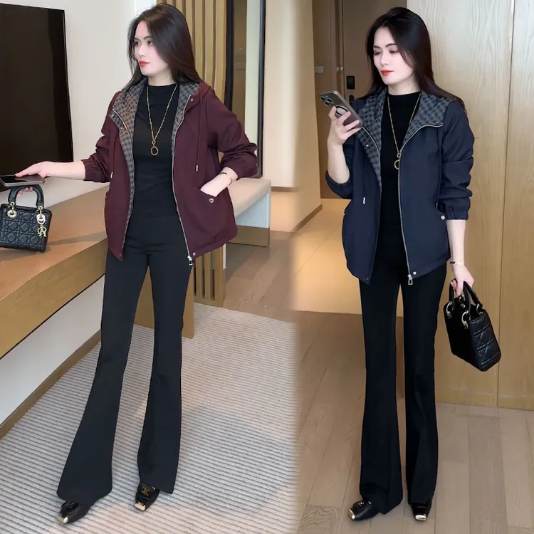 短外套女2025秋季新款时髦宽松显瘦小个子短款格子连帽休闲上衣潮