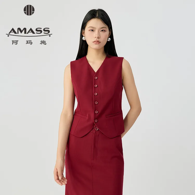 阿玛施AMASS新款轻职场百搭纯色西装小马甲短款马夹女士5400871