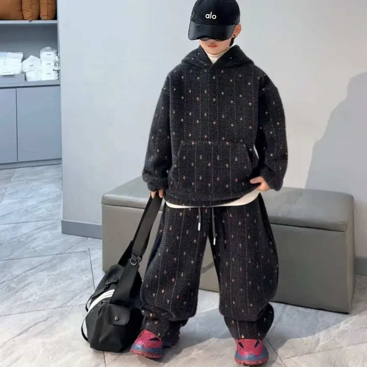 【亲子套装】加绒条纹帽衫休闲厚款冬季卫衣家居服套装秋冬休闲套装