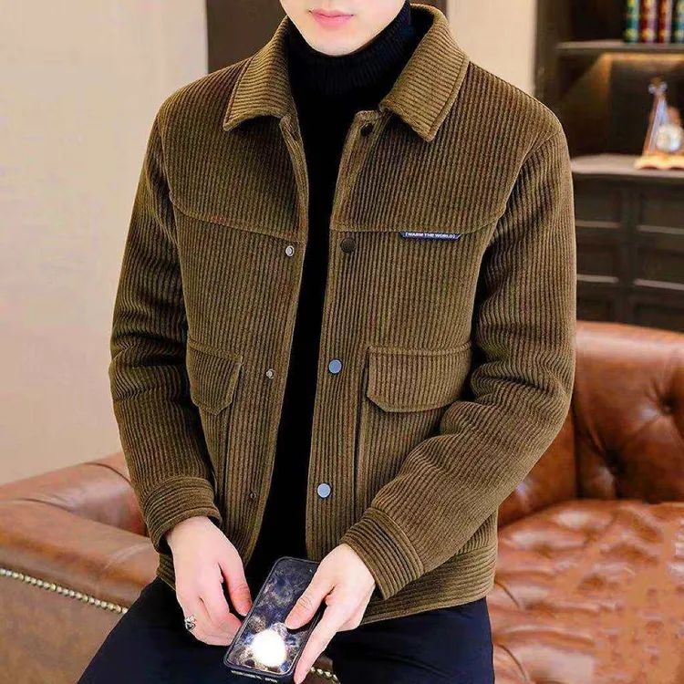 男士外套秋冬季加绒灯芯绒立领2024大衣潮流翻领休闲成熟青年夹克