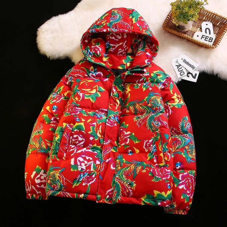 国潮宽松棉衣加厚牡丹花过年喜庆棉服东北大花棉袄连帽冬季面包服