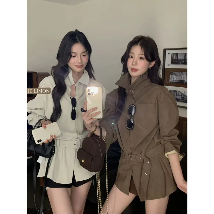高级感翻领收腰显瘦衬衫女配腰带2025早秋新款气质长袖复古小众