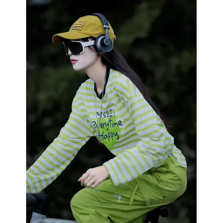 秋季松弛感条纹长袖T恤女美式复古宽松外穿薄款防晒罩衫打底上衣