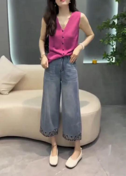 新款纯色V领无袖马甲直筒牛仔裤显瘦