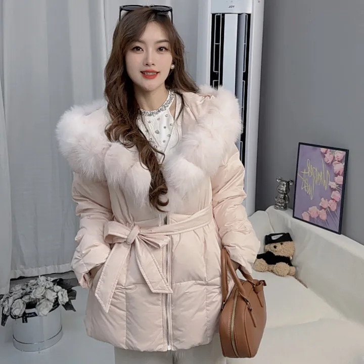 2025新款羽绒服中长款收腰狐狸毛白鸭绒公主风千金风加厚冬季连帽