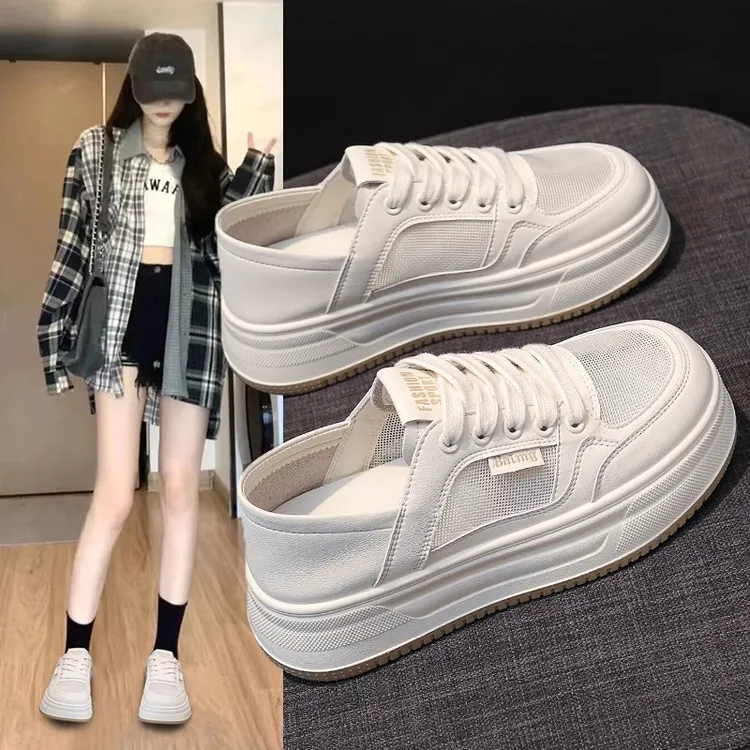 MK&DK真皮网鞋女网面2025新款夏薄款软底一脚蹬厚底增高小白鞋子