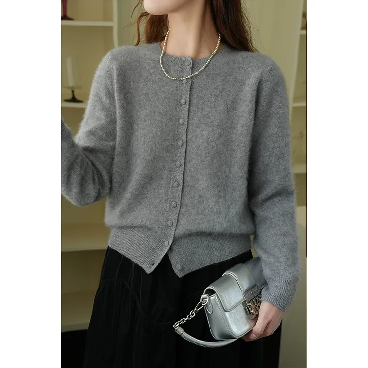 绵羊毛山羊绒慵懒风圆领开衫拉毛针织毛衣9010