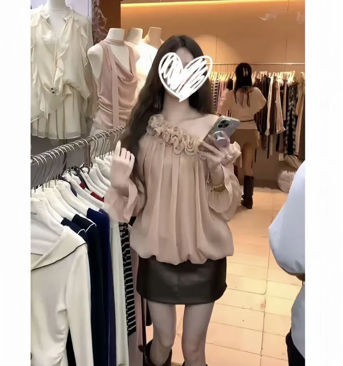 温柔甜美法式斜肩秋季雪纺衫衬衫上衣女 8131#