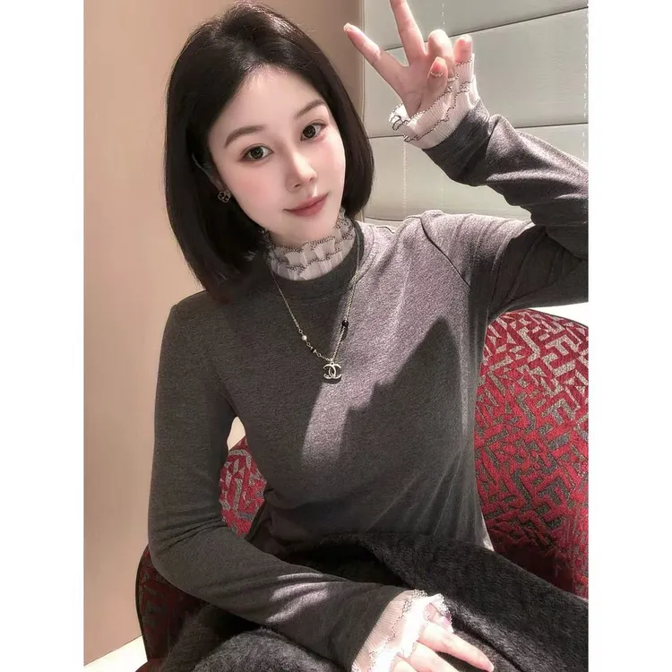 PINGTING.YE“羊毛蚕丝混纺”双层花边领休闲长袖T恤PT3602