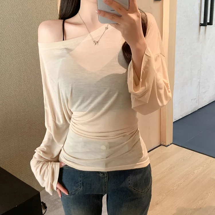 宽松微透后背绑带斜肩女装长袖空调衫春夏白色罩衫6206号图