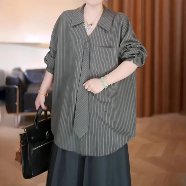 韩系学院风条纹长袖衬衫女2025秋冬新款简约通勤休闲显瘦翻领上衣