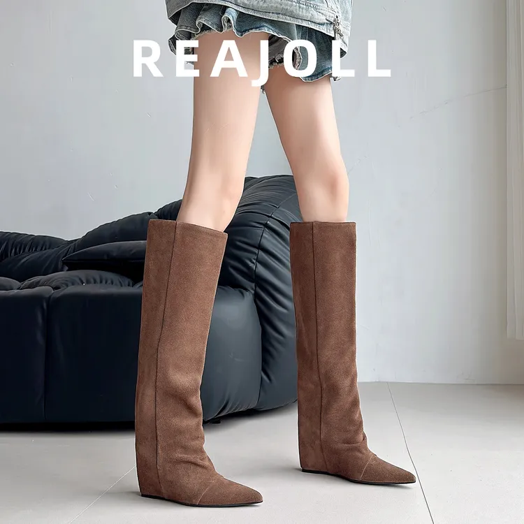 长筒靴子女2025秋冬新款尖头内增高坡跟法式直筒高筒不过膝长靴女