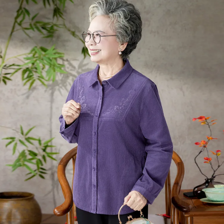 老年人妈妈春秋纯棉灯芯绒衬衫奶奶夏季薄衬衣长袖老太太全棉外套