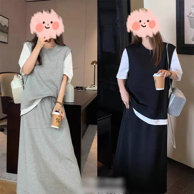 大码套装女夏季新款胖mm假两件T恤半身裙两件套459211#